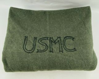 Vintage Usmc Wool Blanket Green Black Band 80x60 Flaws Wwii Marine Corps