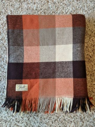 Vintage Faribo Wool Throw Blanket Plaid Fluff Loomed Orange And Brown 60 " X 60 "