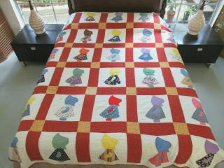 Signed & Dated By 2 Quilters Vintage Feed Sack Applique Sunbonnet Sue Quilt Twin