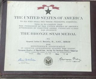 Us Army Bronze Star Medal Award Certificate Ww2 Northern France Campaign 1949