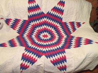 Vtg Red White Lone Star Patchwork Quilt 62x65 Hand And Machine Sewn