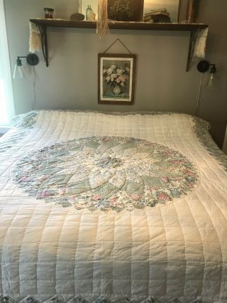 Vintage Quilt All Cotton Hand Stitched Round Star 104x86” Blues Shabby Cottage