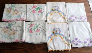 4 Pairs Vintage Hand Embroidered Pillow Cases - 8 Total - 3 Pr W/ Crochet Edges