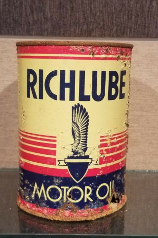1930s Richlube Motor Oil One Quart Oil Can Richfield Oil Company