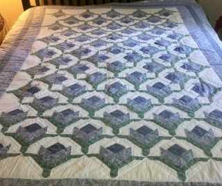 Hand Made Patchwork Quilt In Tulip Pattern In Shades Of Lavender And Green