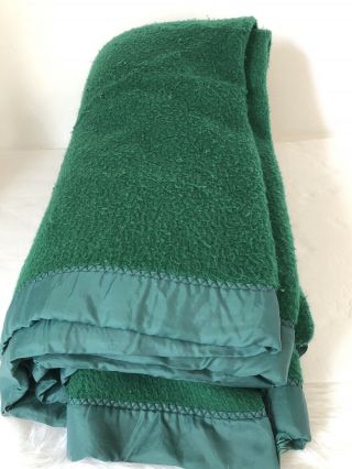 Vintage Acrylic Blanket Satin Trim Green Mid Century 80 " X 100” Queen/king
