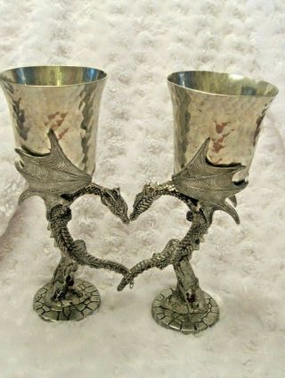 Fellowship Foundry Pewter Renaissance Dragon Heart Hammered Goblet Red Set