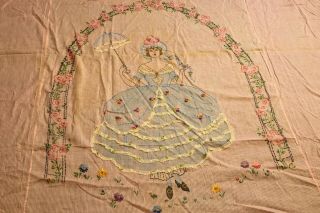 Vintage Hand Embroidered Crinoline Lady Tablecloth Linen Pink Cloth W/ Flowers