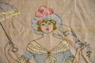 Vintage Hand Embroidered Crinoline Lady Tablecloth Linen Pink Cloth w/ Flowers 2