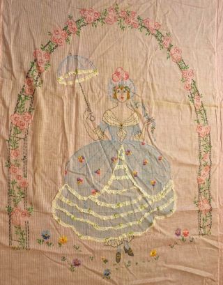 Vintage Hand Embroidered Crinoline Lady Tablecloth Linen Pink Cloth w/ Flowers 3