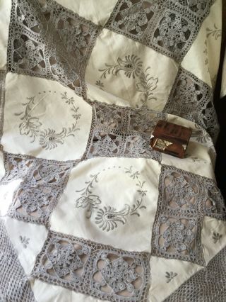 Vtg Hand Embroidered Handmade Crochet Lace Squares Linen 50 X 61” Tablecloth