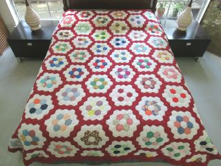 Stained,  Needs Tlc: Vintage Hand Pieced & Quilted Flower Garden Quilt 93 " X 85 "