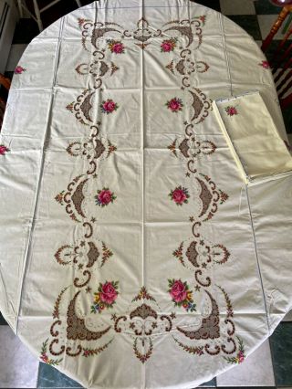 Vintage Large Tablecloth Floral Embroidered Cross Stitch Crochet Lace 12 Napkins