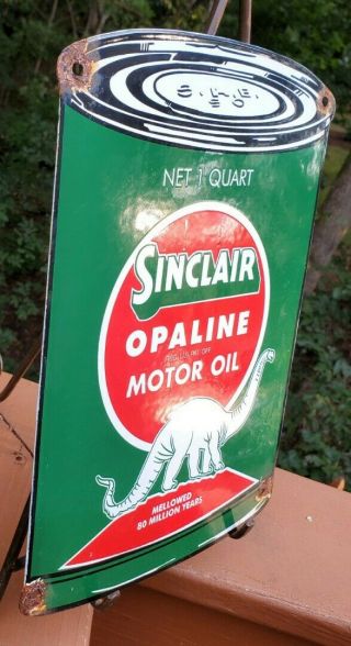 VINTAGE SINCLAIR OPALINE OIL CAN GASOLINE / MOTOR OIL PORCELAIN GAS PUMP SIGN 3