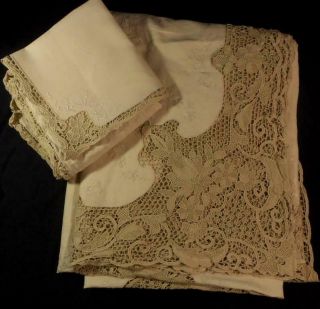 Vintage Banquet Ecru Linen Tablecloth W/10 Naps W/talian Needle Lace,  Reticella
