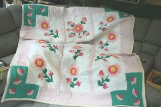 Vintage Quilt Hand Made Pastels Pinks White Long Stem Flowers 69 " X 82 "