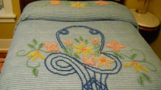 Vintage Chenille Bedspread Blue Flower Basket Full Size 90 By 104 "