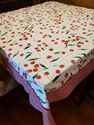 Vintage Red Cherries Tablecloth W/ Red White Checked Border 65 In X 65 In