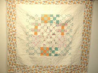 Q 7,  Vintage Quilt,  Hand Quilted,  9 Patch,  50 X 48 Inches,  Toddler Or Baby