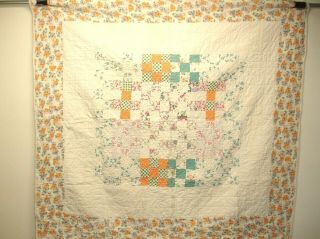 Q 7,  Vintage Quilt,  Hand Quilted,  9 Patch,  50 X 48 inches,  Toddler or Baby 2