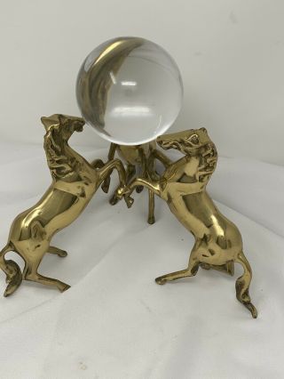 3 Rearing Brass Horses With Crystal Ball Pedestal Stand Psychic Gypsy Heavy