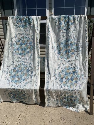 6 Vintage Satin Feel Blue Roses Shabby Cottage Chic Floral Curtain Pleats Panels