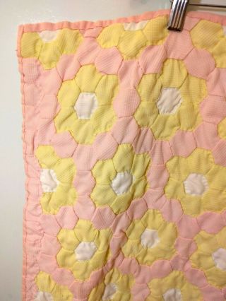 Vintage Pink White Yellow Hand Stitched Baby Crib Quilt Honeycomb 31  X 54