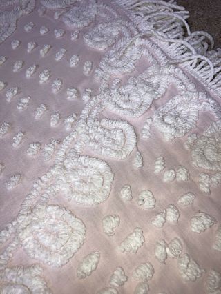 Vintage Chenille Bedspread Pink With White And Tassels 92” X 102” Full