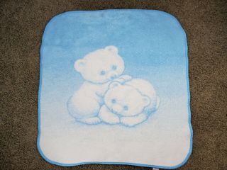Vtg San Marcos Baby Blanket Osito Bear Reversible Blue White