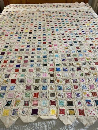 Omg Vintage Handmade Hand Stitched Cathedral Window Quilt & Runner 59 " X 69 "