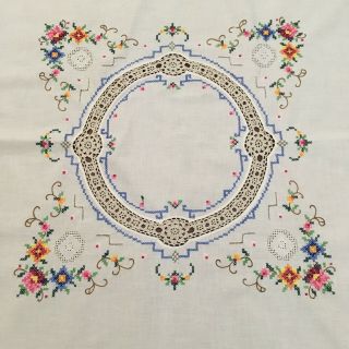 Vintage Embroidered Cross Stitch And Lace Tablecloth Pink Blue Flowers 32 "