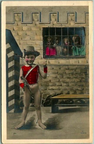 Vintage Rppc Photo Postcard Boy W/ Gun / Black Children In Jail - 1906 Cancel