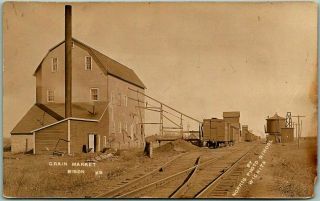 1910s Bison,  Kansas Rppc Real Photo Postcard " Grain Market " Grain Elevator / Tra