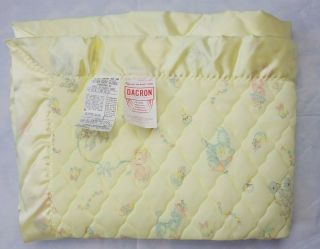 Vintage Dacron Yellow Baby Quilted Blanket Satin Binding Lamb Bear Poodle Toys