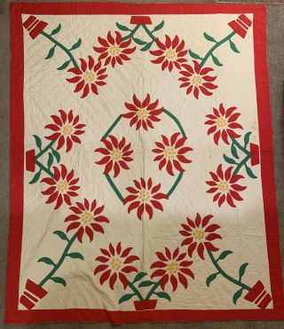 Vtg Quilt Red White Green Yellow Homemade Hand Stitched Flower 75”x90” Inch