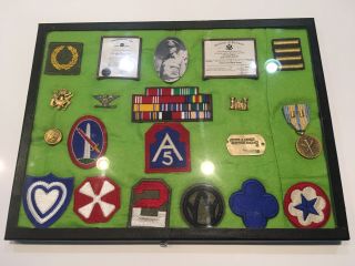 Wwii U.  S.  Army Corps Of Engineers Officer Shadow Box Patches 5th Army Dog Tags
