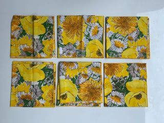 6 Vintage Vera Neumann Cloth Napkins Bright Yellow White Flowers Mid Mod Textile