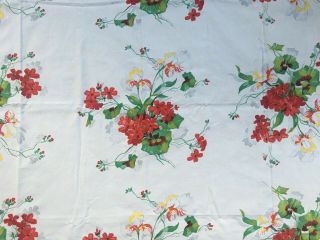 Vintage Wilendur Red Geraniums Floral Printed Cottage Tablecloth With Label