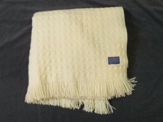 Vintage Pendleton 100 Virgin Wool Blanket Off - White Fringe Cable Knit Usa 65x51
