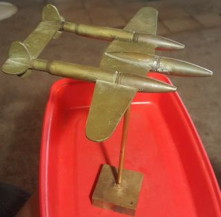 Wwii Era Trench Art - P - 38 Fighter Plane On Brass Base Ww2 Folk Paperweight
