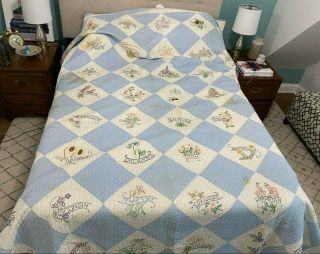 Vtg 48 State Flowers Quilt Bedspread Coverlet Blue 86  X 104  Yellow Stains