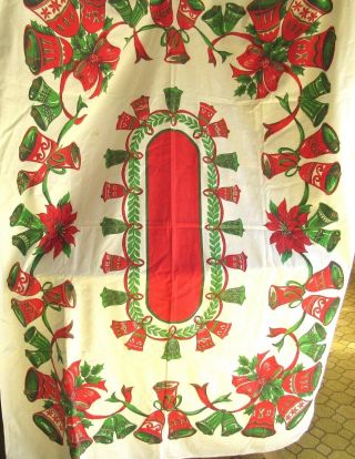 Vintage Christmas Tablecloth Christmas Bells Holly Cotton 60 