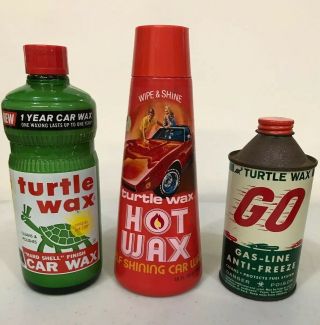 Vintage Turtle Wax Car Wax Glass Bottle & Hot Wax & Gas Line Antifreeze Can