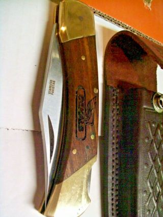 Dekalb Pocket Knife In Sheath Both Marked Wood Brass Leather
