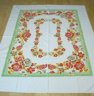 Vintage Cotton Table Cloth 56 " X 72 " Red Yellow Orange Green Flowers Ex.  Cocnd.