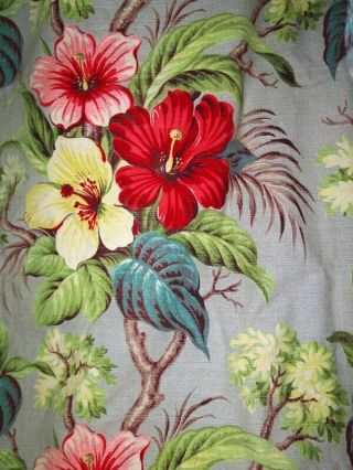 1 Vintage Barkcloth Drapery Panel Hibiscus Red Pink 84 X 42 Inches