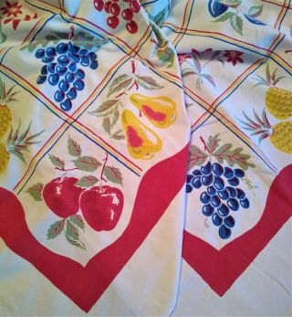 Vintage 1950s Print Simtex Tablecloth Fruit Apples Grapes Cherries Pears