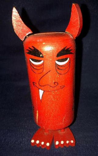 Vintage Wooden Devil W/push Up " Go To Hell " On Top Of Head,  Made In Japan