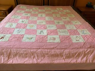 Vtg 40s/50s Hand Stitched Embroidered Pink Patchwork Cotton Quilt 85” X 67”