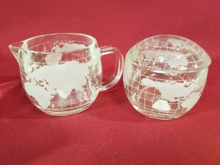 Nestle Globe Cream And Sugar Bowl With Lid Clear Glass Frosted World Vintage